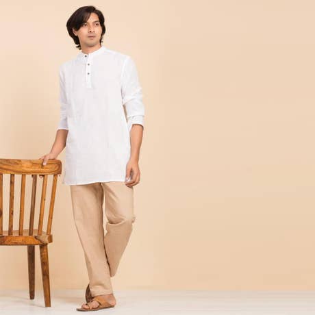 Isha Life Men’s Cotton Linen Kurta. Solid white. Full sleeves. Minimalist design. Natural fibers.