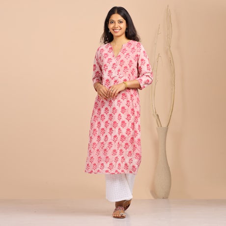 Hand Block Printed Staright Long Angarakha - Flamingo Pink