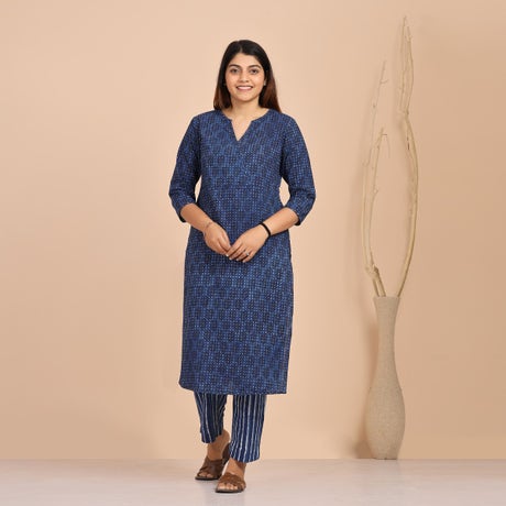 Hand Block Printed straight Long Angarakha - Floral Printed Indigo