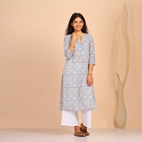 Hand Block Printed Staright Long Angarakha - Floral Grey