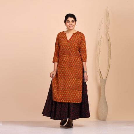 Hand Block Printed Staright Long Angarakha - Yellow Butis On Scarlet Red