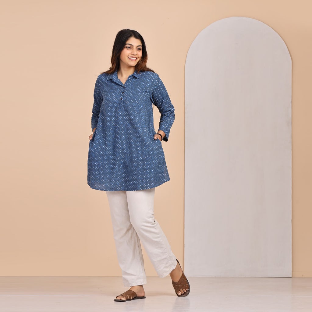 Hand Block Printed Half Placket Collared Kurti - Indigo With Dots