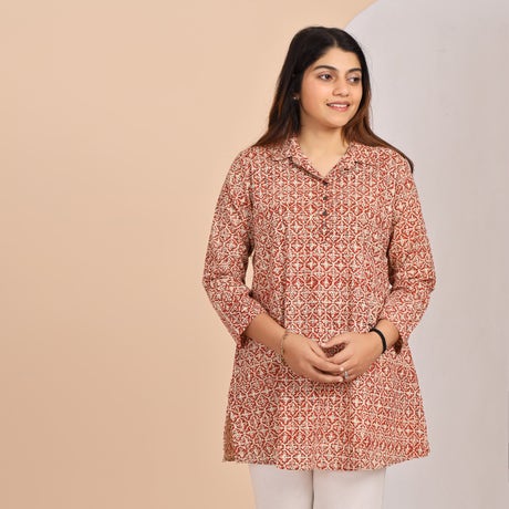 Hand Block Printed Half Placket Collared Kurti - Red Jaal