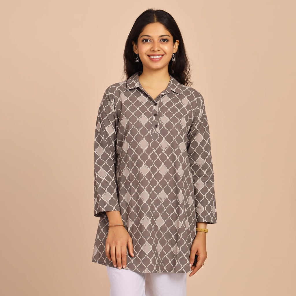 Hand Block Printed Half Placket Collared Kurti - Moroccan Pattern - Ash Grey