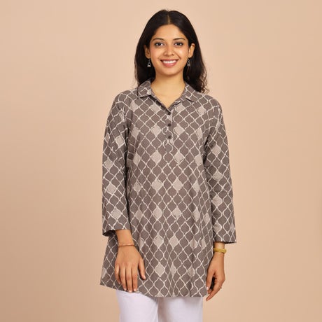 Hand Block Printed Half Placket Collared Kurti - Moroccan Pattern - Ash Grey