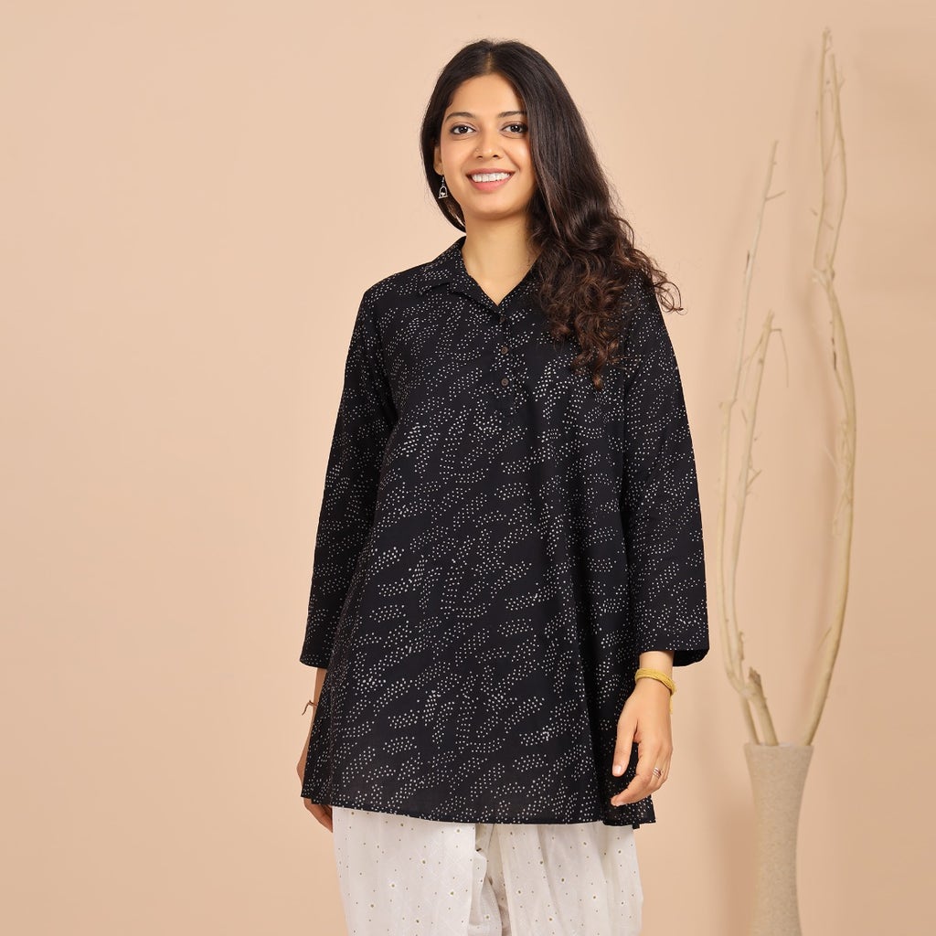 Hand Block Printed Half Placket Collared Kurti - White Dotted Brush Marks On Black