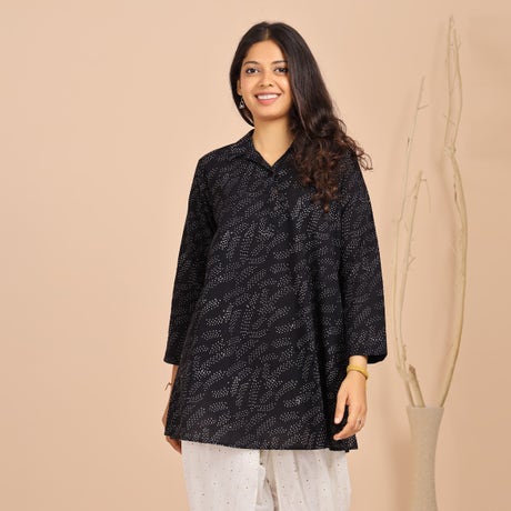 Hand Block Printed Half Placket Collared Kurti - White Dotted Brush Marks On Black