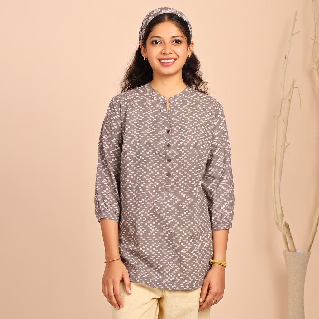 Dusty Brown V-Neck Short Kurti - Zig-Zag Dots
