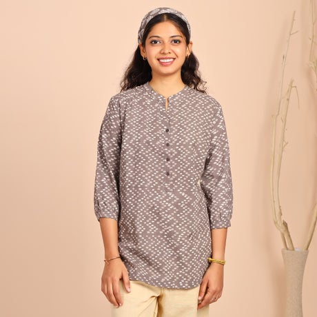 Dusty Brown V-Neck Short Kurti - Zig-Zag Dots