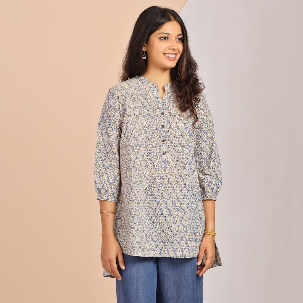 Charming Space Blue V-Neck Short Kurti Ft. Gadh Buti Motifs