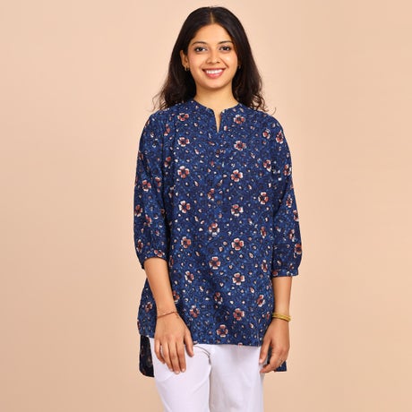 Elegant Deep Blue V-Neck Short Kurti Ft. Branching Shoots Motifs