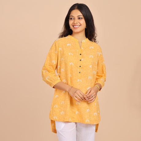 Yellow V-Neck Short Kurti Ft. Floral Motifs