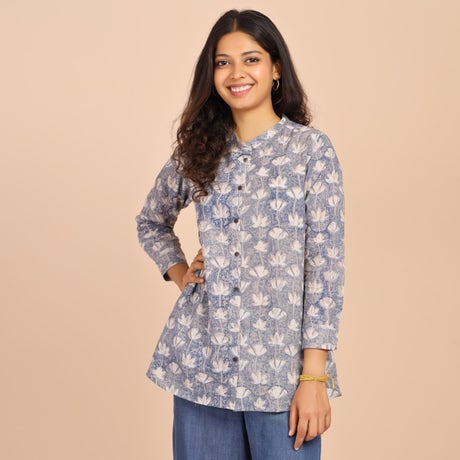Women's Handblock Printed - Mandarin Collar Straight Fit - Essential Top - Floral Muted Tones