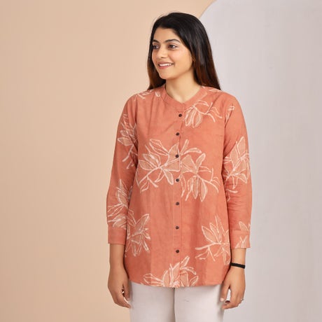 Women's Handblock Printed - Mandarin Collar Straight Fit - Essential Top - Floral Abstract - Cinnamon