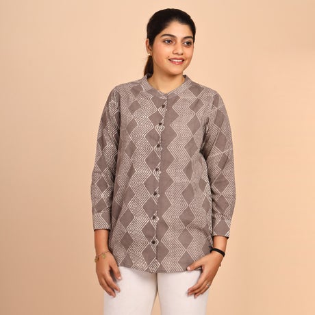 Handblock Printed Mandarin Collar Top - Dusty Brown Zig-Zag Pattern
