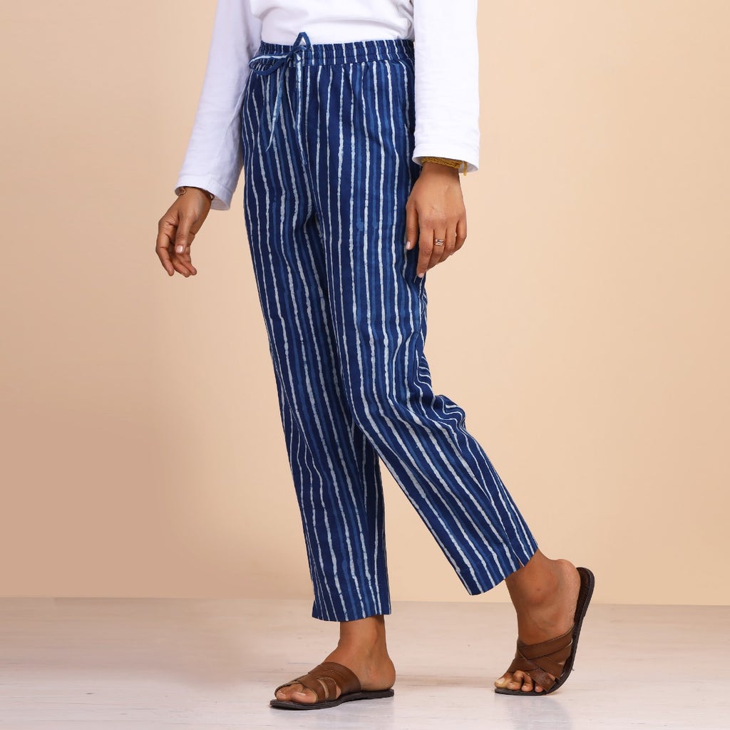 Women's Handblock Printed Ankle Length - Tapered Pants - Indigo Striped