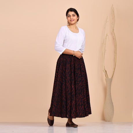 Hand Block Printed Flared Red Dotted Brush Markson Black Skirt