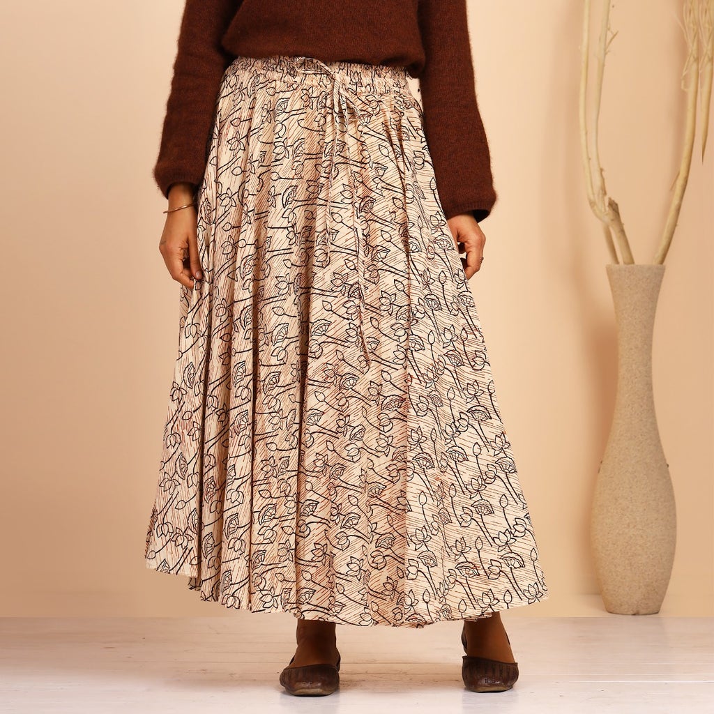 Handblock Printed Black Flared Skirt Ft. Charming Lotus Motifs