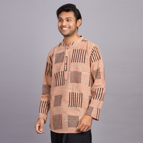 Men's Hand Block Printed - Mandarin Collar Half Placket Shirt Kurta - Checkered