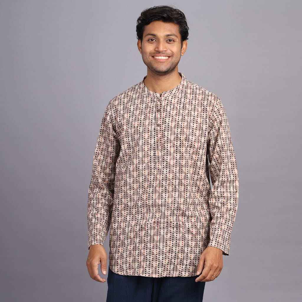 Handblock Printed Men's Geometric Grace Shirt-Kurta with Mandarin Collar