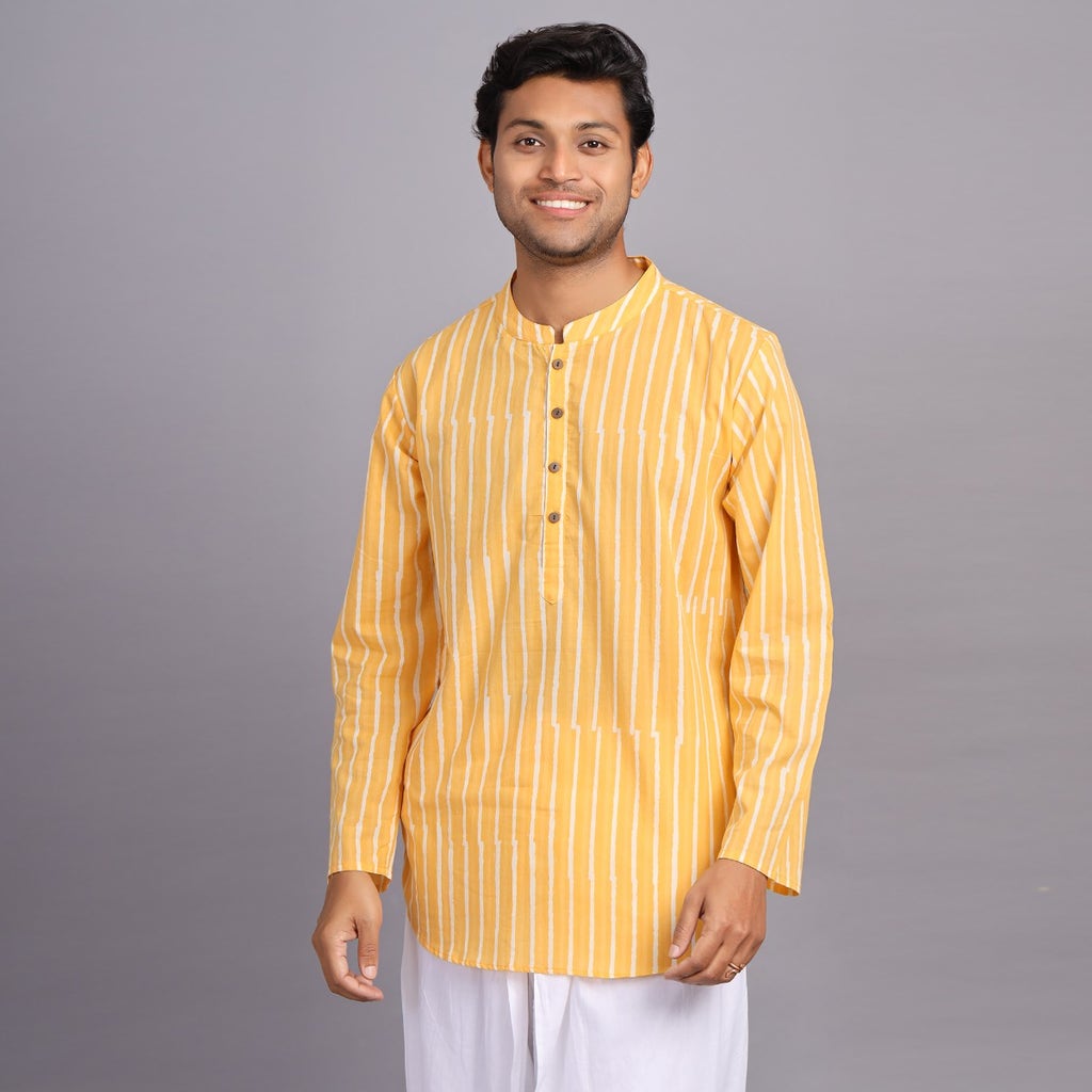 Men's Hand Block Printed Mandarin Collar Half Placket Shirt Kurta - Yellow Striped