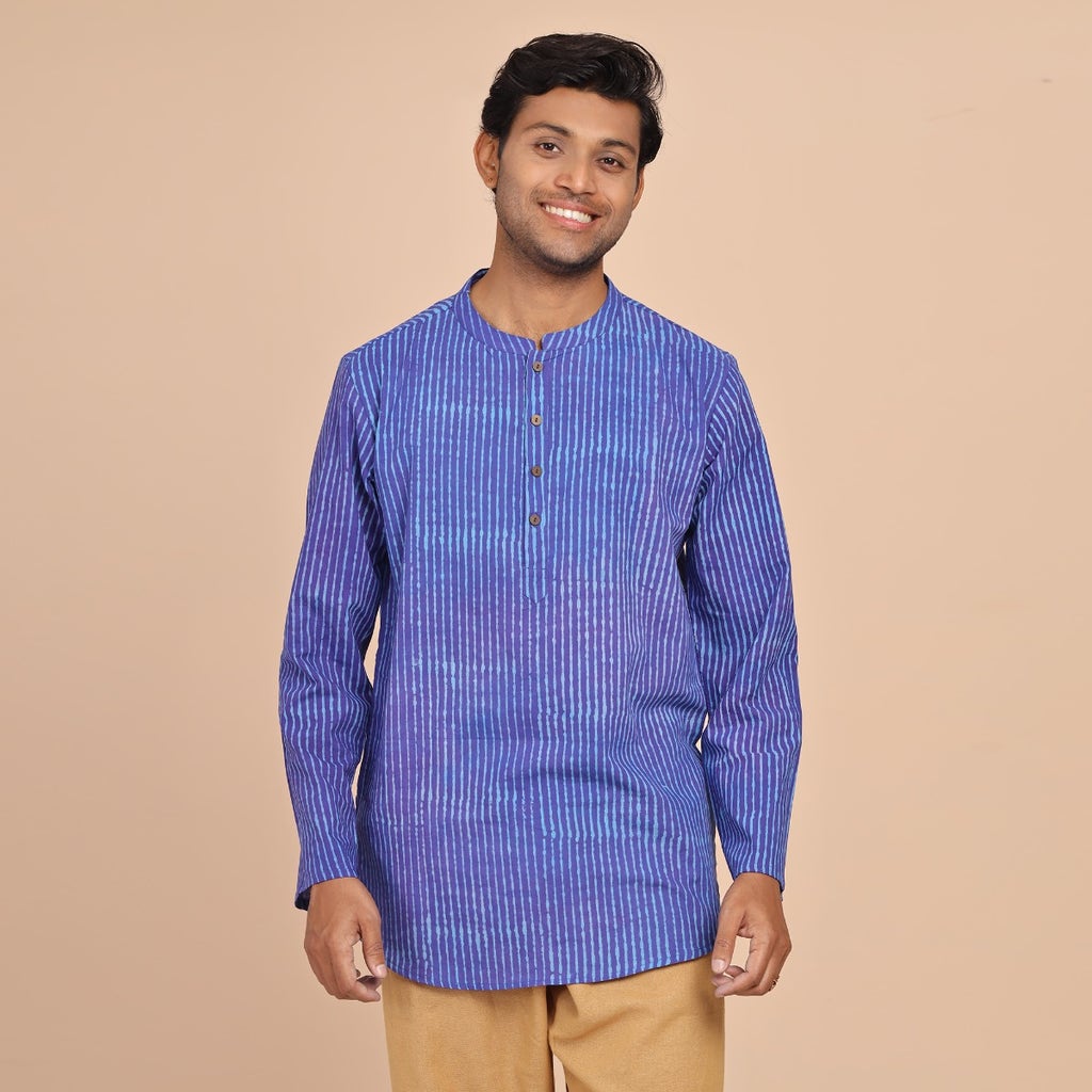 Men’s Handblock Printed Purple & Blue Striped Shirt-Kurta with Mandarin Collar & Half Placket