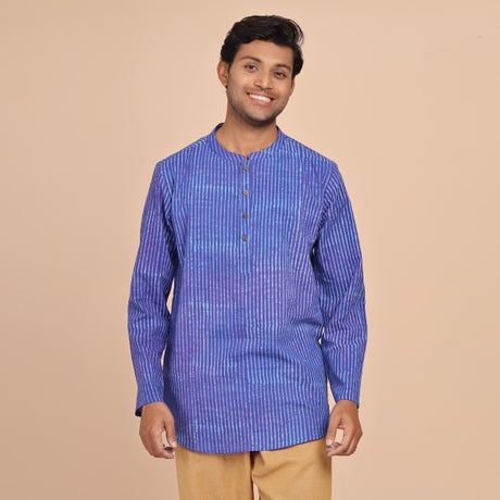 Men’s Handblock Printed Purple & Blue Striped Shirt-Kurta with Mandarin Collar & Half Placket