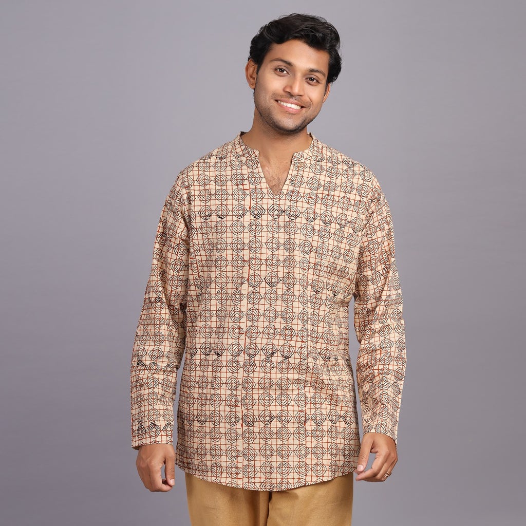 Men’s Casual Handblock Printed Short V-Neck Kurta Ft. Jaal Red Checks