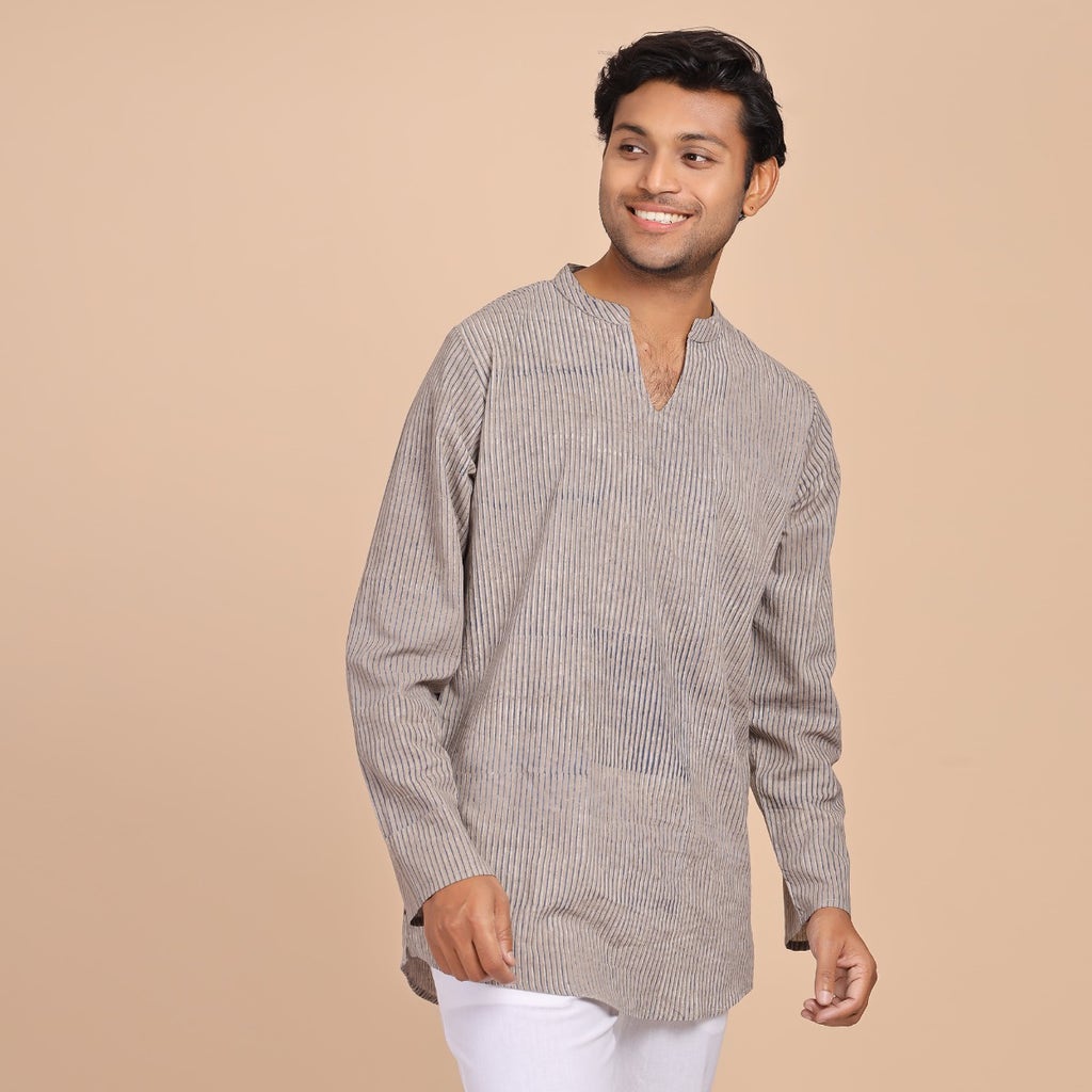 Men’s Casual Handblock Printed Short V-Neck Kurta Ft. Grey & Blue Stripes