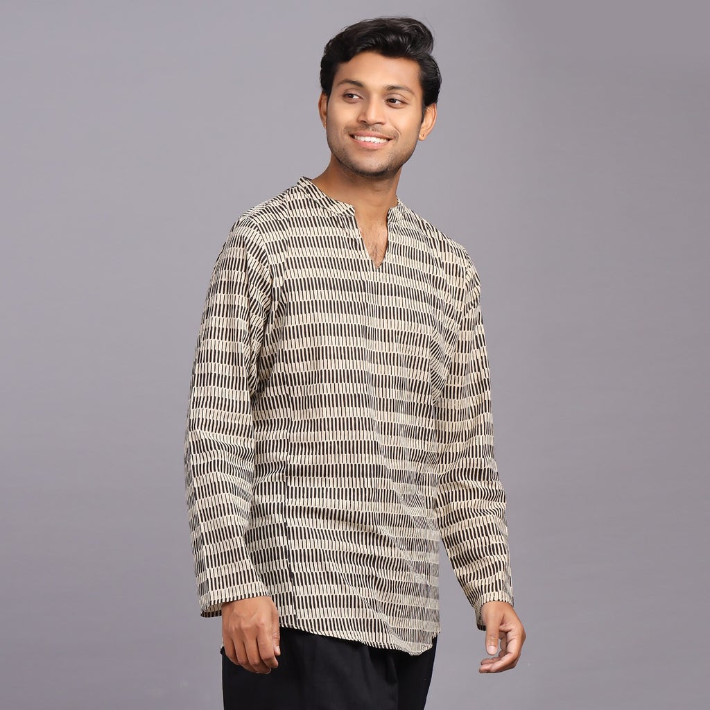 Men’s Casual Handblock Printed Short V-Neck Kurta Ft. Red Butter Knife Motifs