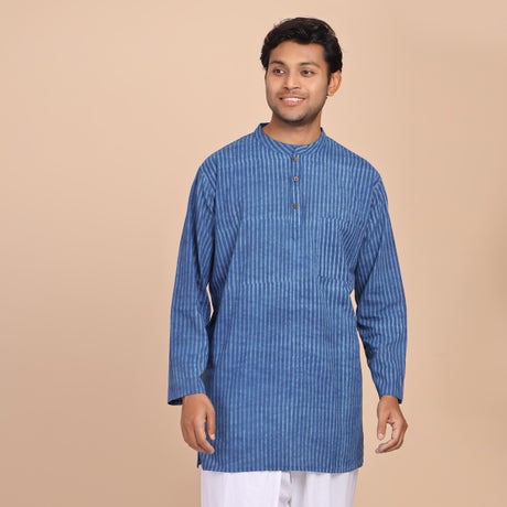 Men's Hand Block Printed Mandarin Collar - Half Placket - Front Pocket Long Kurta - Prussian Blue Stripes