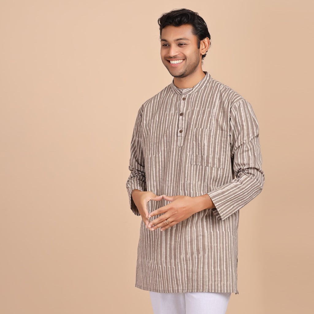 Men’s Handblock Printed Earthy Brown Striped Long Kurta with Mandarin Collar, Half Placket, & Front Pocket