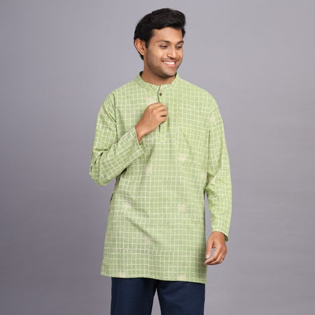 Men’s Handblock Printed Long Kurta Ft. Basil Green Checkered Pattern with Mandarin Collar, Half Placket, & Front Pocket