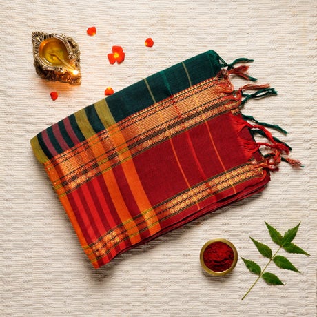 Jungle Green and Kumkum Red Cotton Consecrated Saree