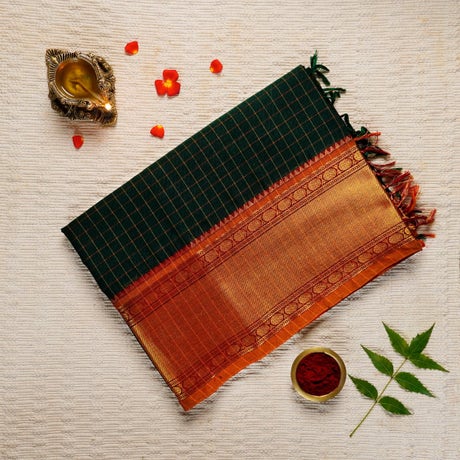 Dark Jungle Green & Orange Cotton Consecrated Saree