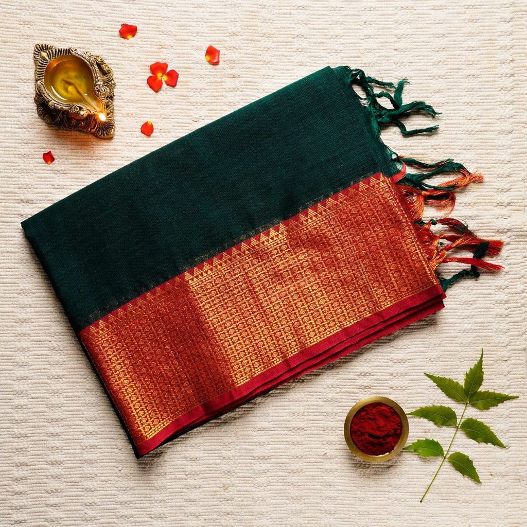 Forest Green, Gold, & Red Cotton Energized Saree