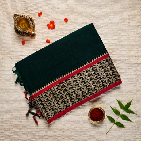 Deep Jungle Green & Red Cotton Consecrated Saree