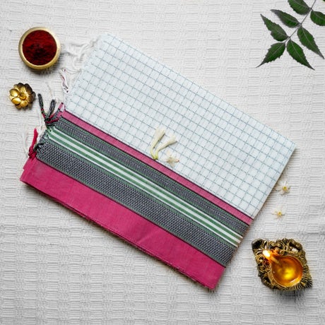 White and Magenta Cotton Consecrated Saree
