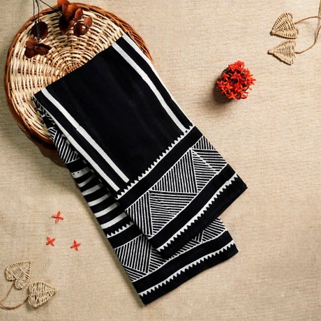 Black and White Mulmul Cotton Block-Printed Saree