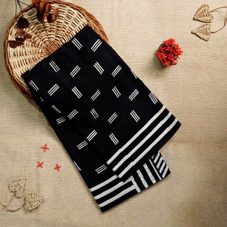 Black and White Mulmul Cotton Block-Printed Saree