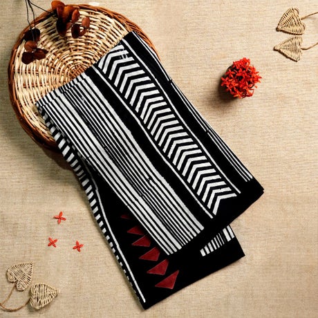 Black, White, and Maroon Mulmul Cotton Block-Printed Saree