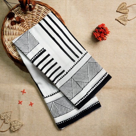 White and Black Mulmul Cotton Block-Printed Saree