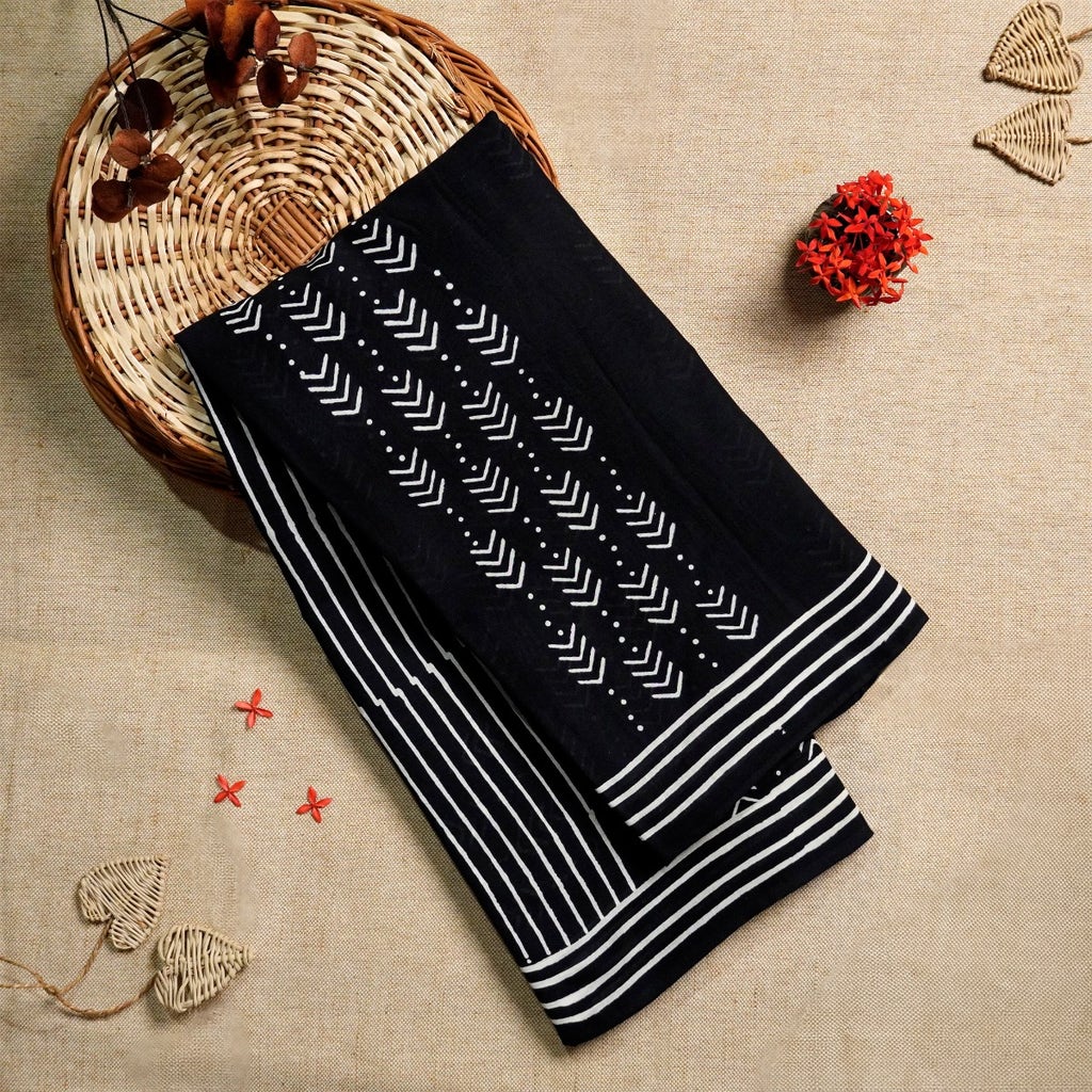 Black and White Mulmul Cotton Block-Printed Saree