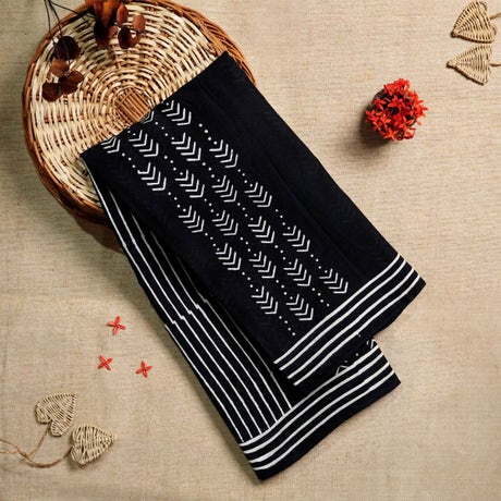 Black and White Mulmul Cotton Block-Printed Saree