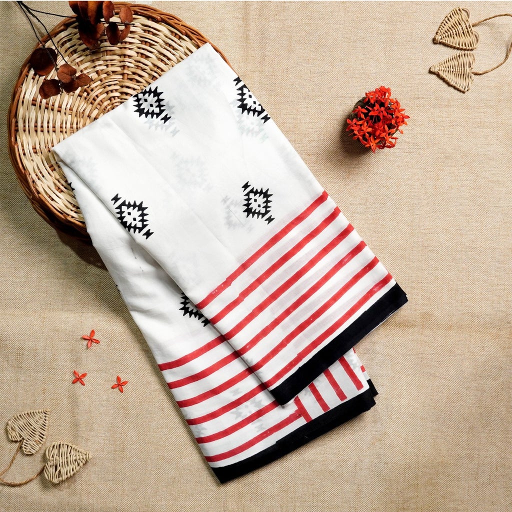 White, Red, and Black Mulmul Cotton Block-Printed Saree