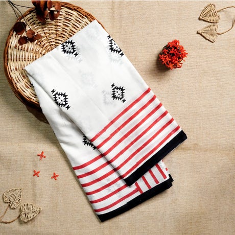 White, Red, and Black Mulmul Cotton Block-Printed Saree