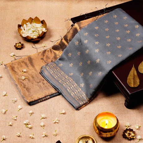 Serene Grey & Golden Block Printed Chanderi Saree