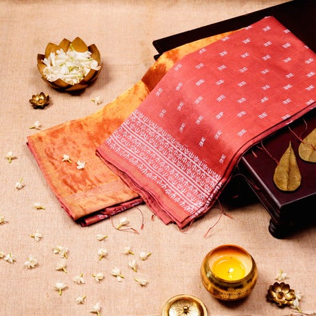 Rose Brown & Burnt Orange Block printed Chanderi Saree with Zari Border