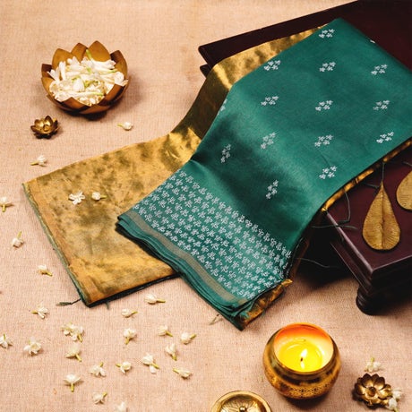 Deep Sea Green & Golden Block printed Chanderi Saree with Zari Border