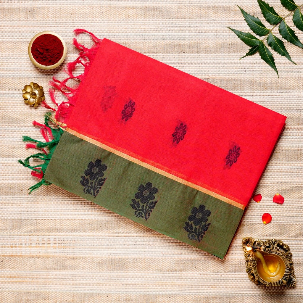  Scarlet Red, Olive Green Cotton Energized Saree